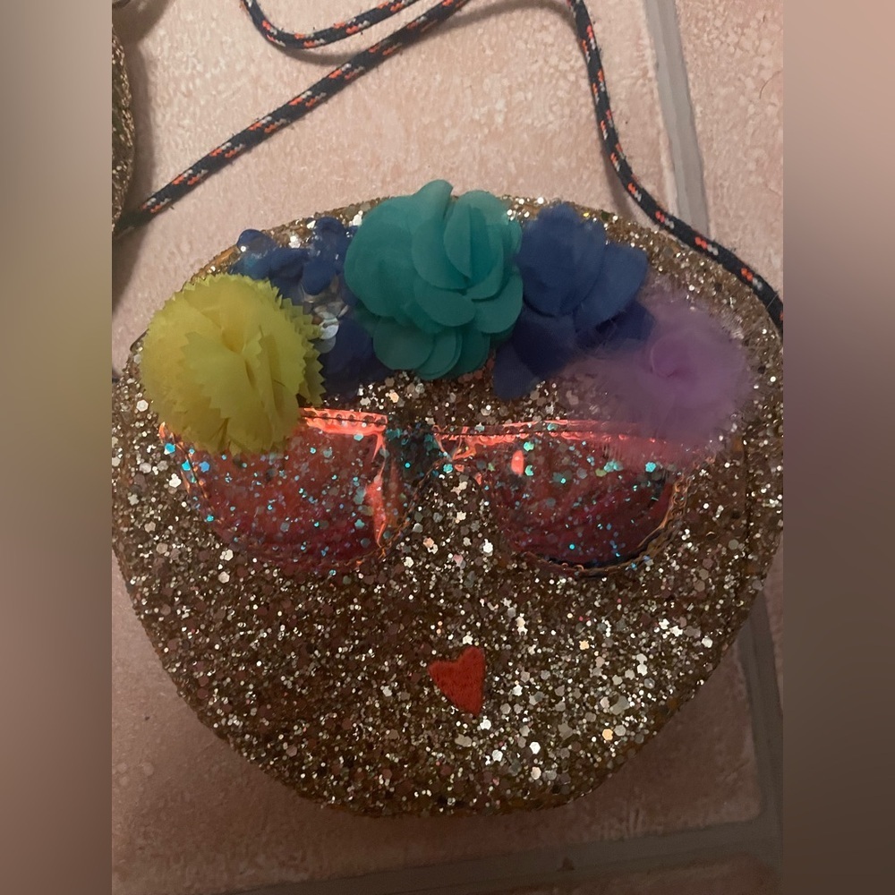 Crewcuts (2) Girls Small Purse Glitter Gold Smiley Faces, Floral - Picture 3 of 7